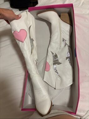 White Leather Western Knee-High Boots with Pink Heart Accent